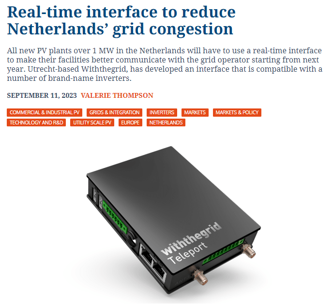 Extract from PV Magazine article: picture of the Teleport and the title "Real-Time interface to reduce Netherlands' grid congestion"