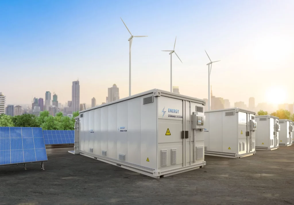Illustrative image: picture of battery storage system, with wind turbines in the background
