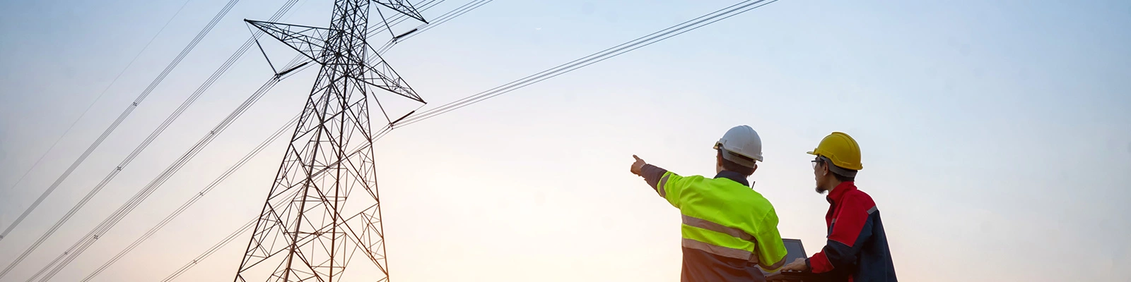 Picture of two workers pointing at the electricity grid, background sunset