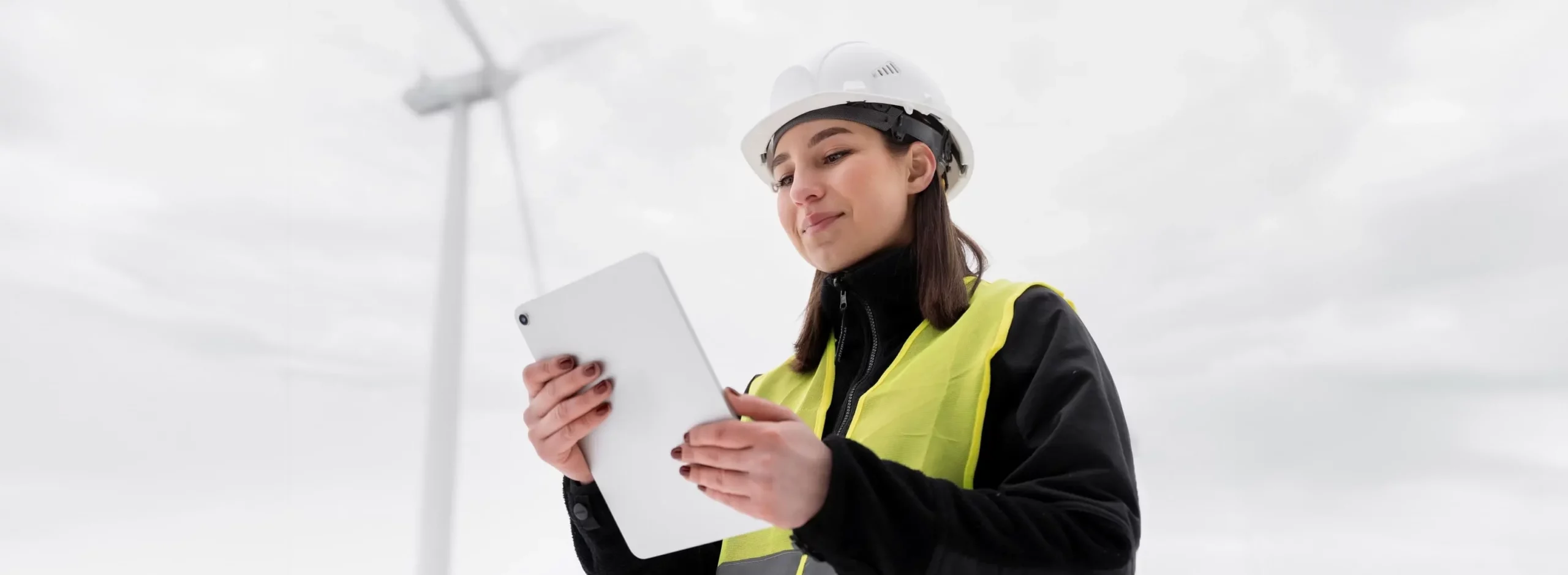 Woman holding a tablet, wind turbine in the background