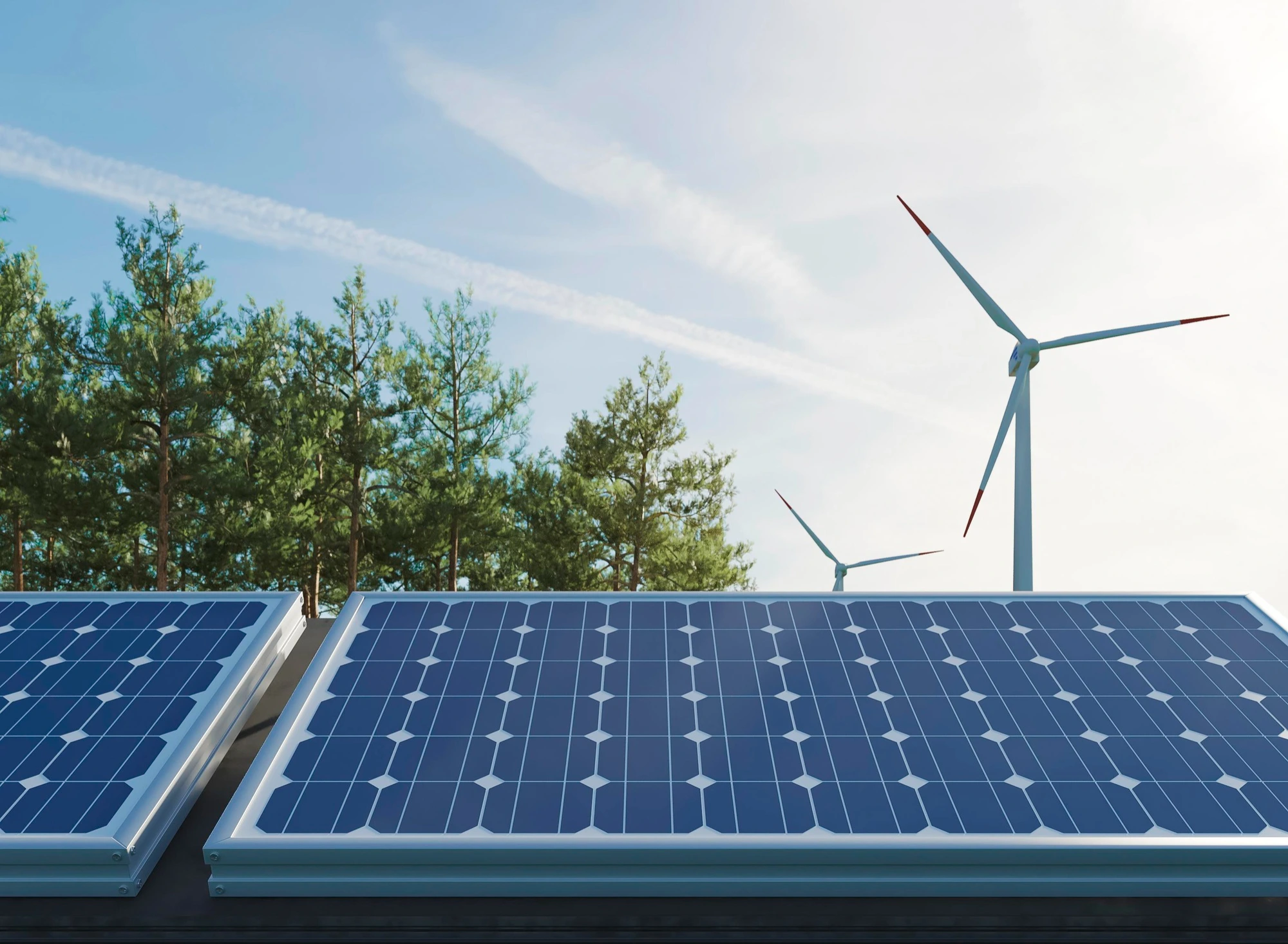Picture of solar panels and wind turbines in the background