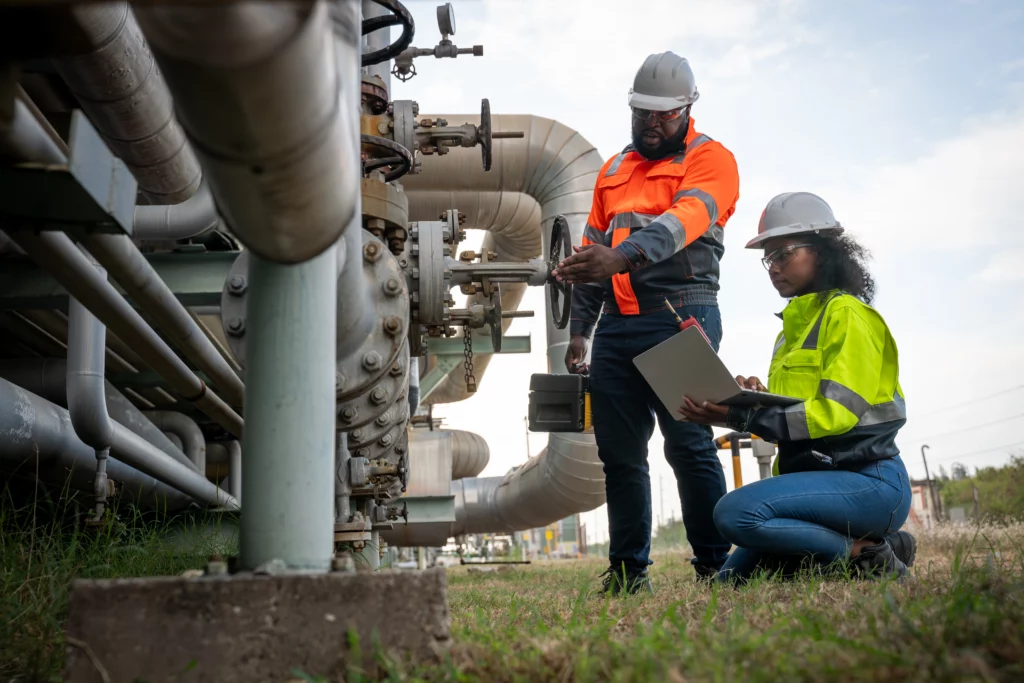Two people, one woman and a man, checking different pipes