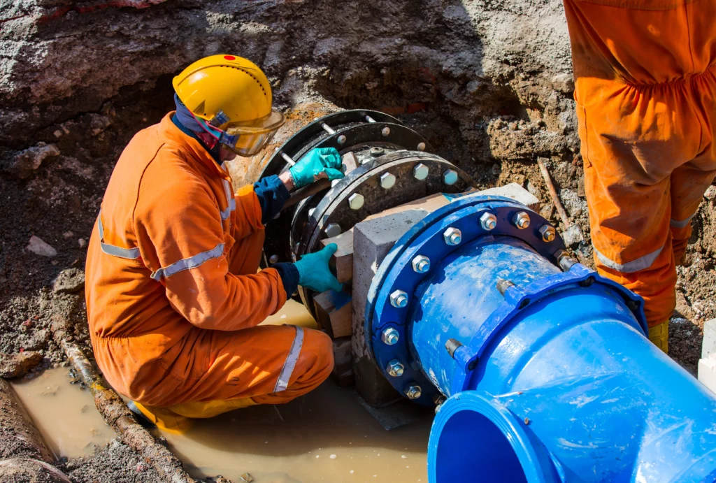 Men fixing a corroded pipeline